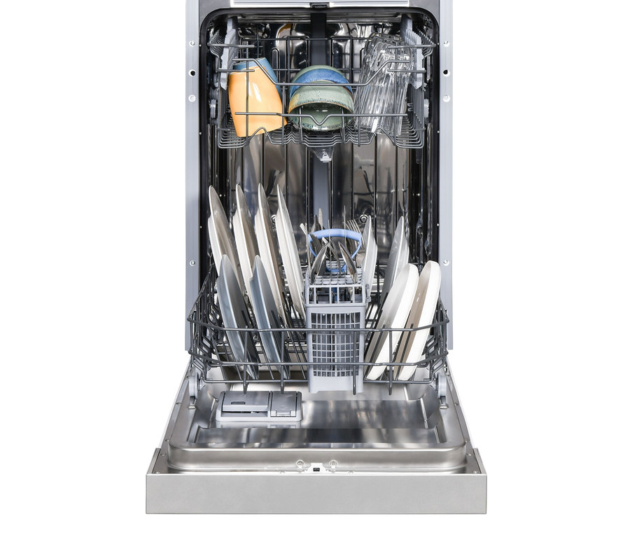 Offener Respekta teilintegrierter-Geschirrspüler »GSP45TiDV« gefüllt mit Geschirr.