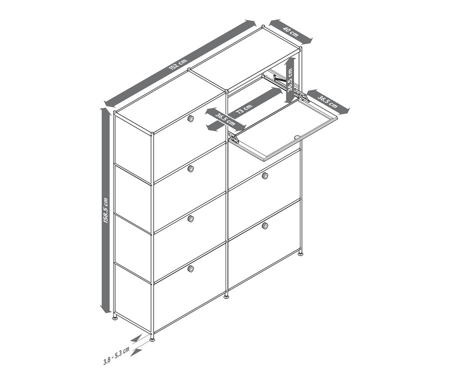 Zeichnung eines Highboards »CN3« mit acht Klappen, eine Klappe ist geöffnet.