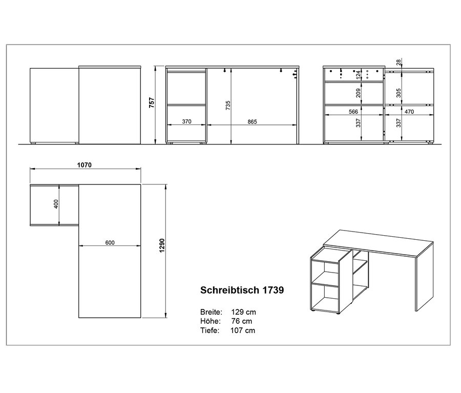 Diagramme mit den Abmessungen für den Schreibtisch »Olvera«.