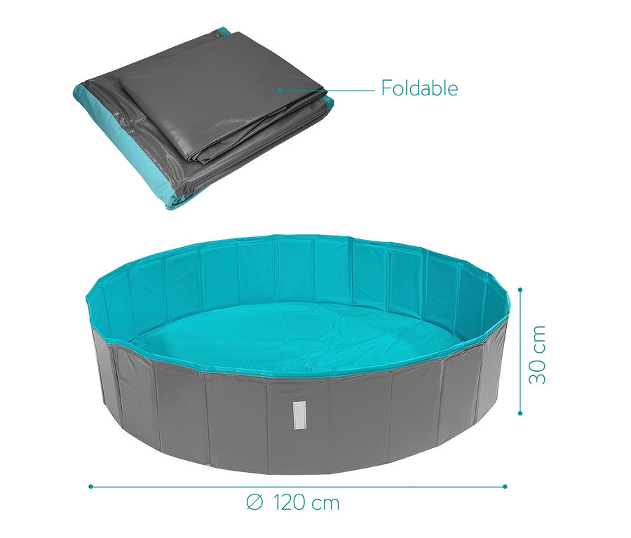 Navaris Hundepool, faltbar, in Grau und Türkis, zusammengefaltet und aufgebaut.