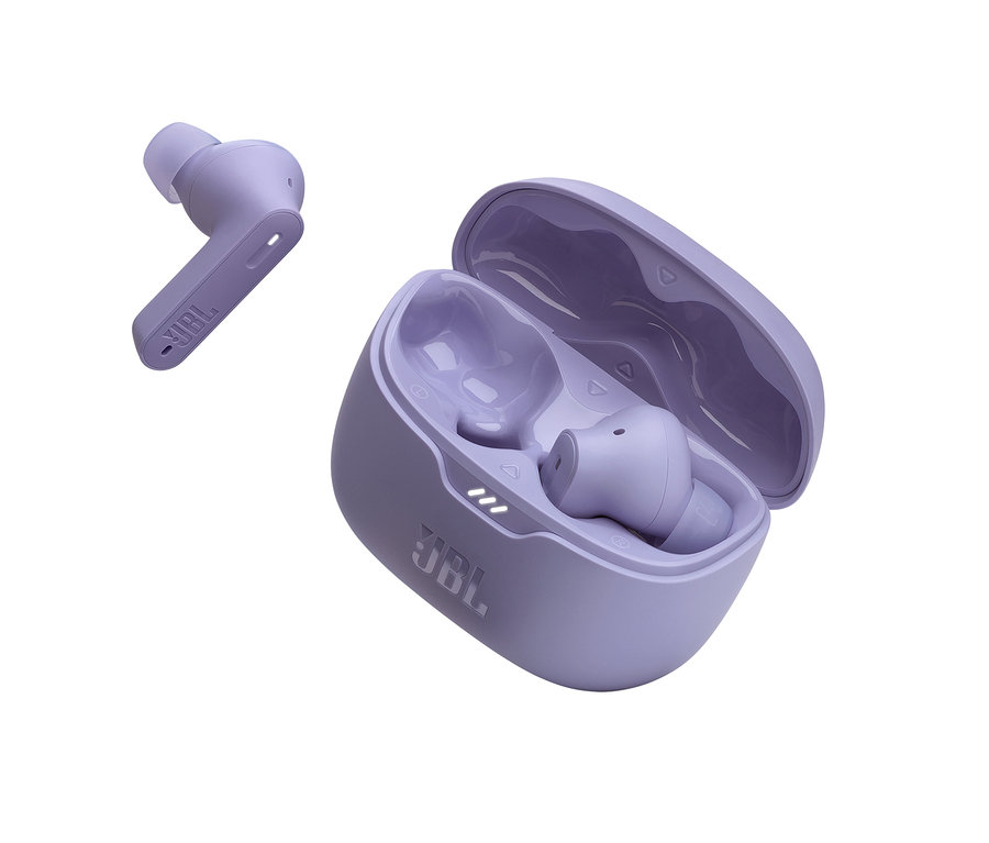 Lila JBL Tune Beam kabellose Ohrhörer und Ladeetui.