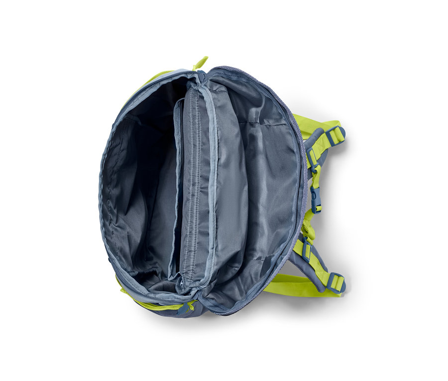 Offener Outdoor-Rucksack in Blau und Limettengrün.