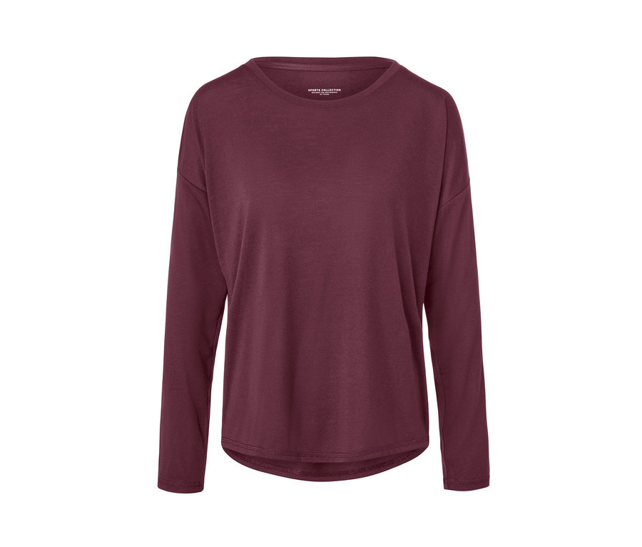 Pflaumenfarbenes 2-in-1-Sportshirt mit langen Ärmeln.