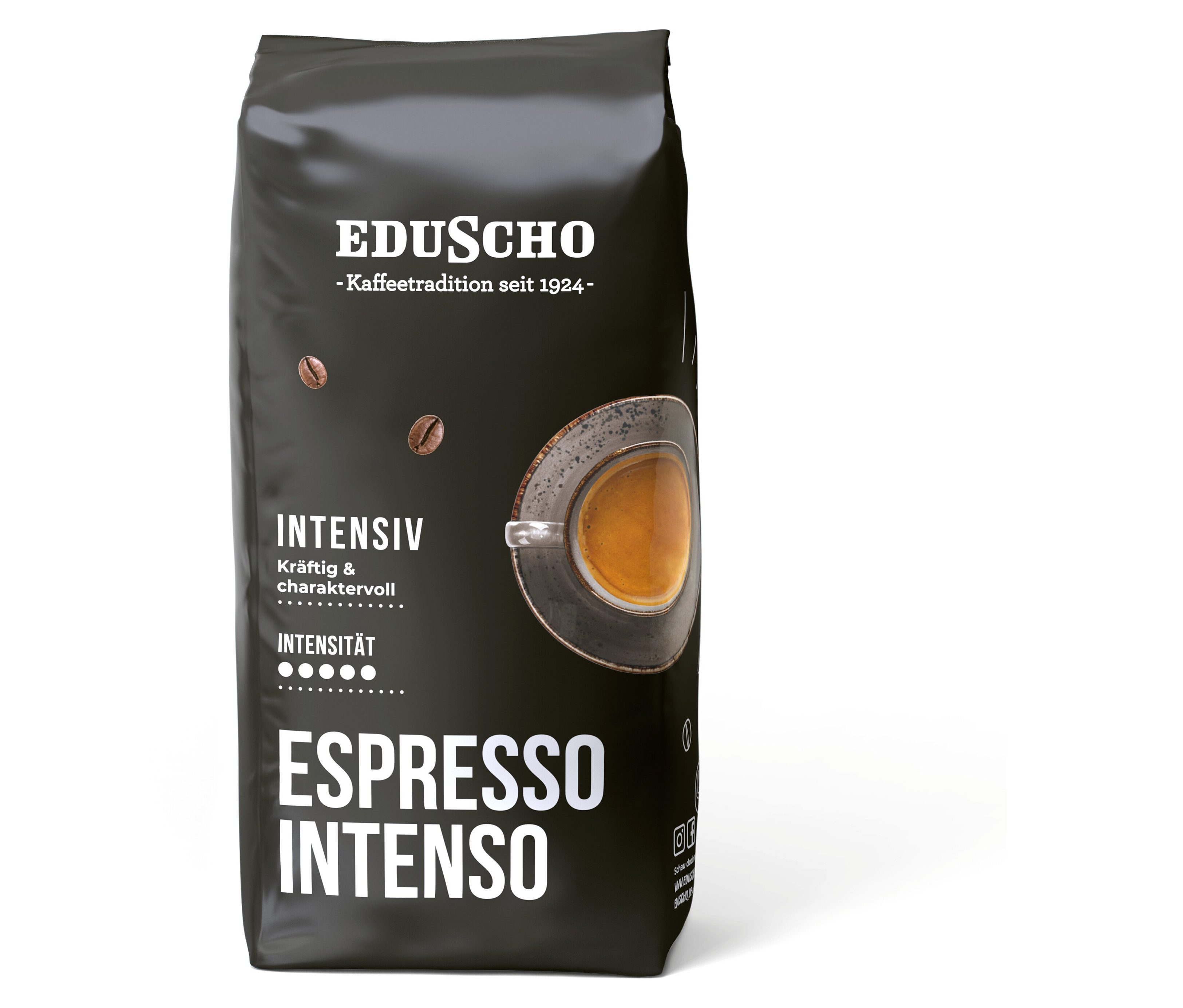 Schwarze Packung Eduscho Espresso Intenso - 1x 1 kg Ganze Bohne mit Abbildung einer Espressotasse.