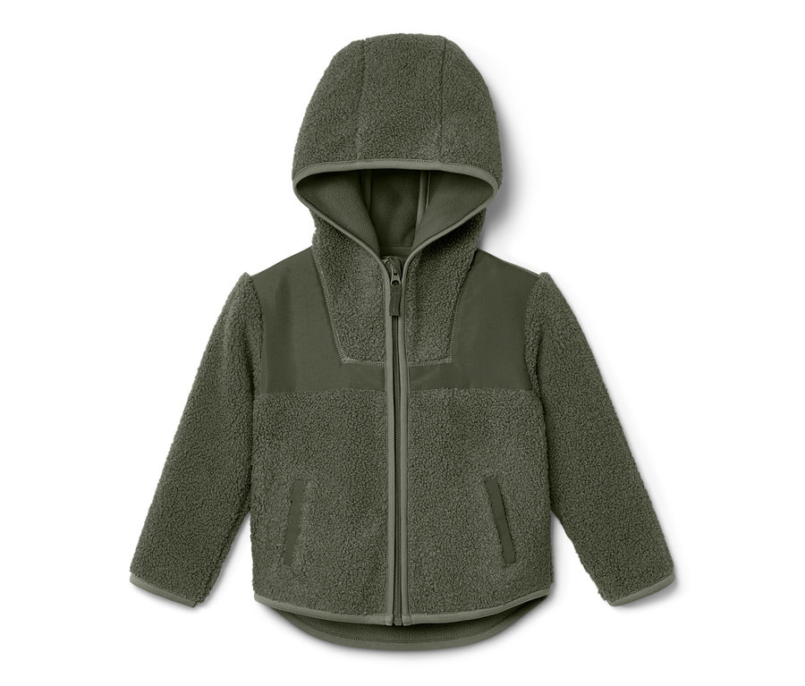 Grüne Kinder-Teddy-Jacke mit Kapuze und Reißverschluss.