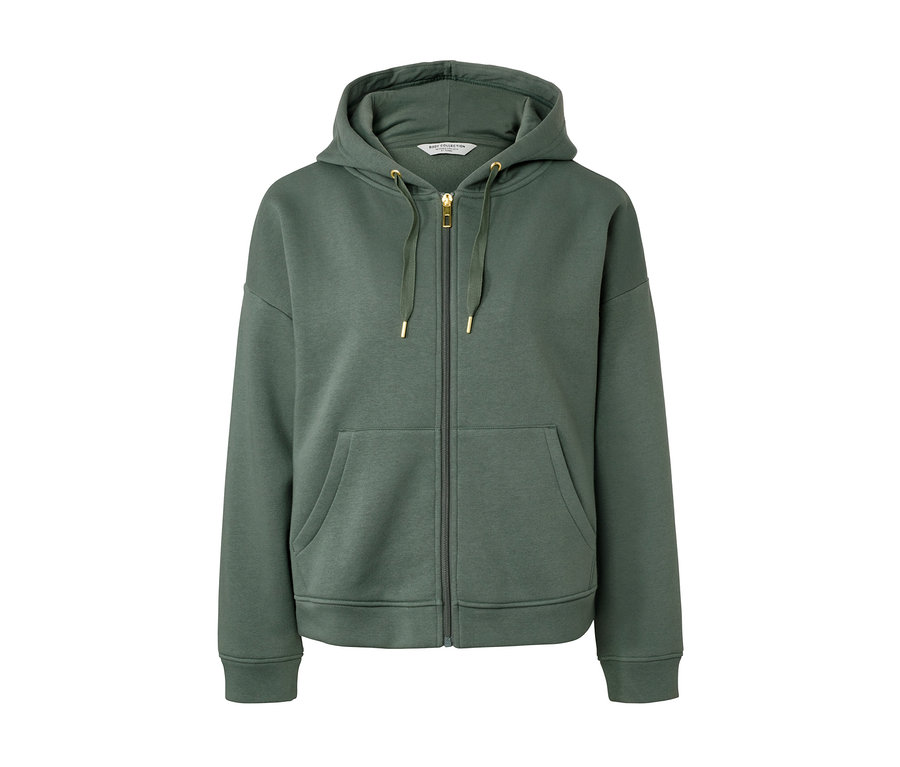 Grüne Lounge-Jacke mit Reißverschluss und Kapuze.