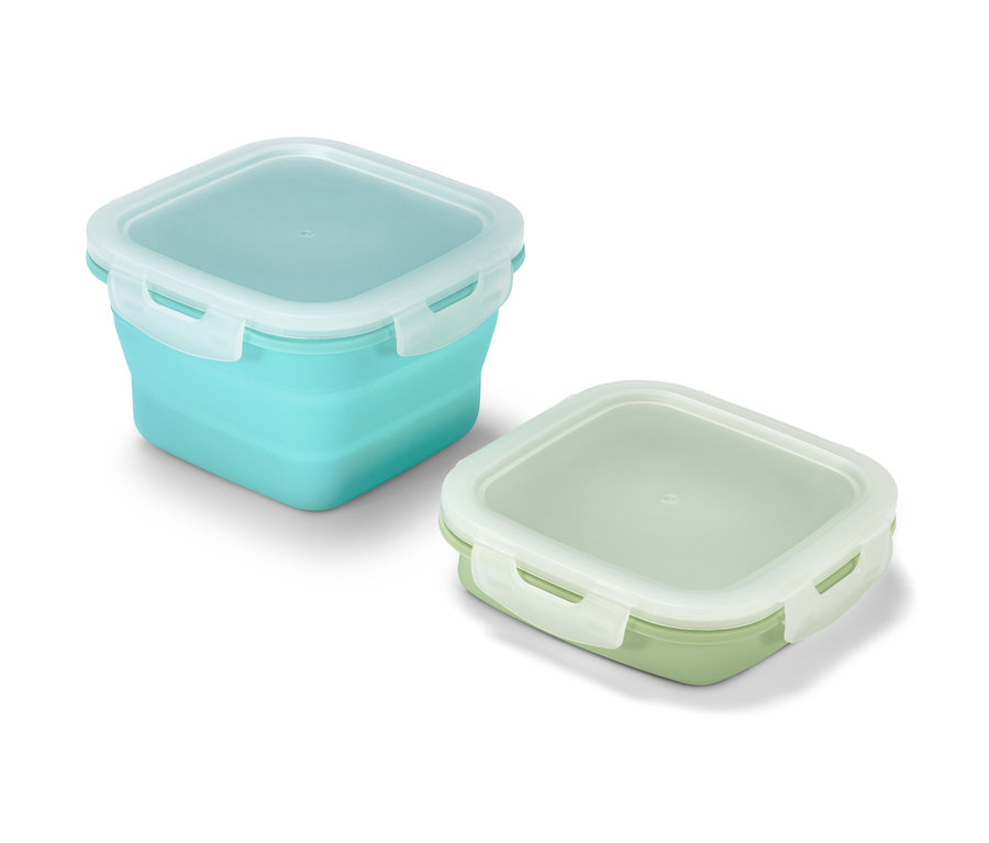 Zwei Frischhaltedosen, eine türkise und eine hellgrüne.