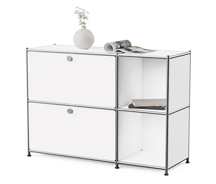 Weißes Sideboard Metall »CN3« mit 2 Klappenfächern. Oben Vase mit Blumen und eine Zeitschrift.