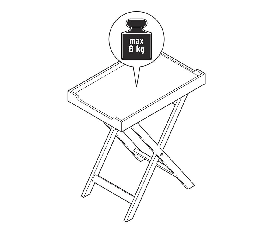 Illustration eines Klapptisches mit maximaler Traglast von 8 kg.