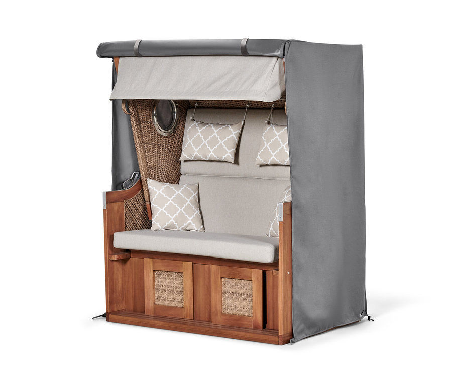 Brauner Strandkorb in XL mit beigen Kissen und einer grauen Premium-Abdeckhaube.