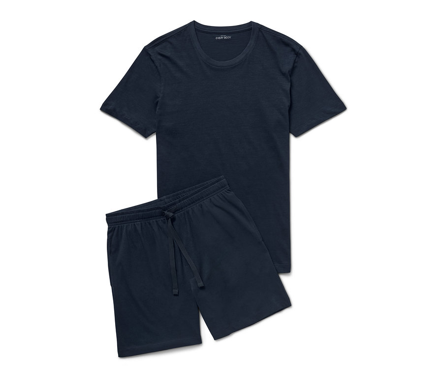 Dunkelblaues Shorty-Pyjama-Set bestehend aus einem kurzärmeligen T-Shirt und Shorts mit Kordelzug.