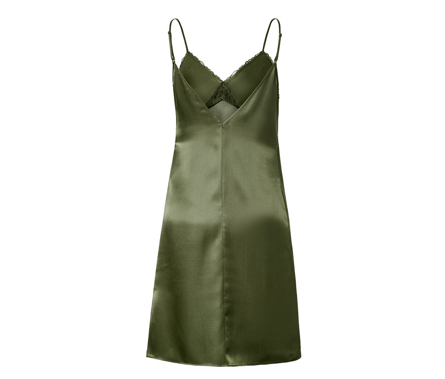 Rückansicht eines olivgrünen Satin-Negligés mit Spitzendetails.