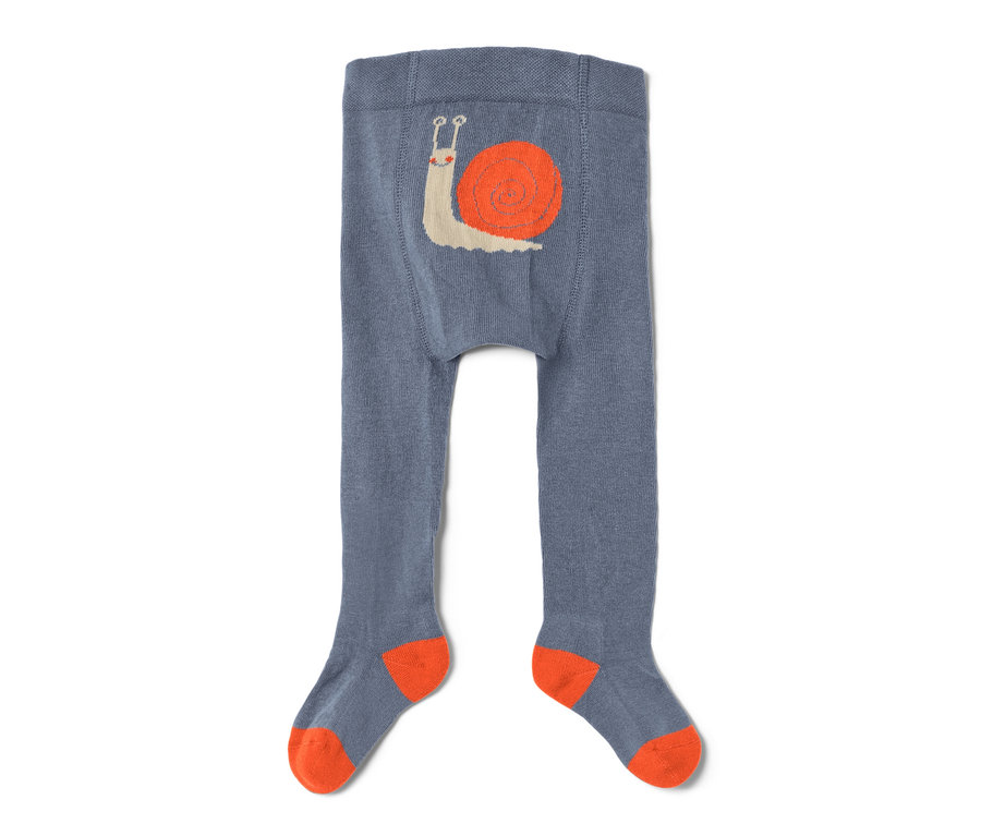 Blaue Baby-Strumpfhose mit orangefarbenen Zehen und Schneckenmotiv am Oberteil.