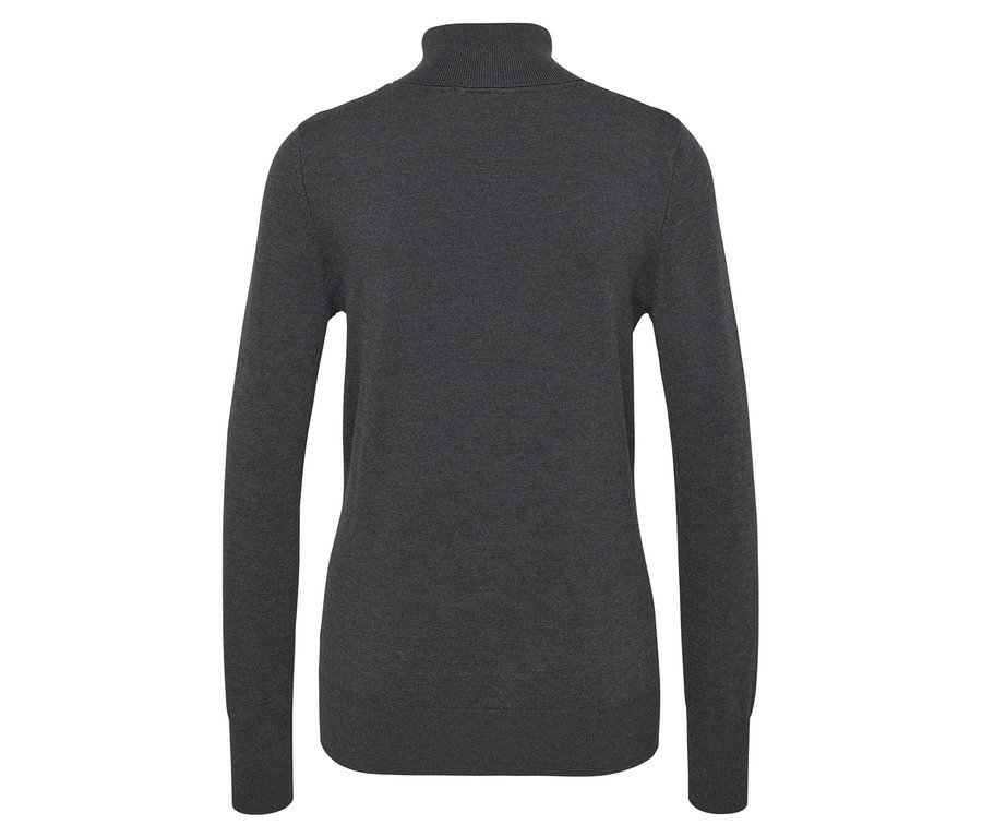 Detailansicht eines grauen Rollkragenpullovers.