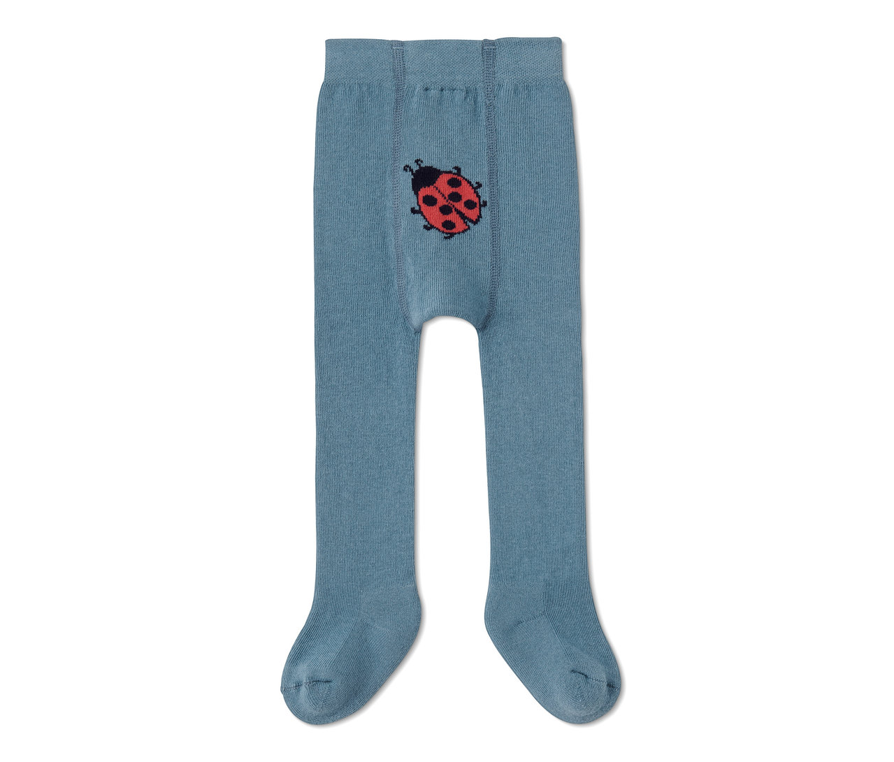 Eine blaue Strumpfhose mit einem Marienkäfer.