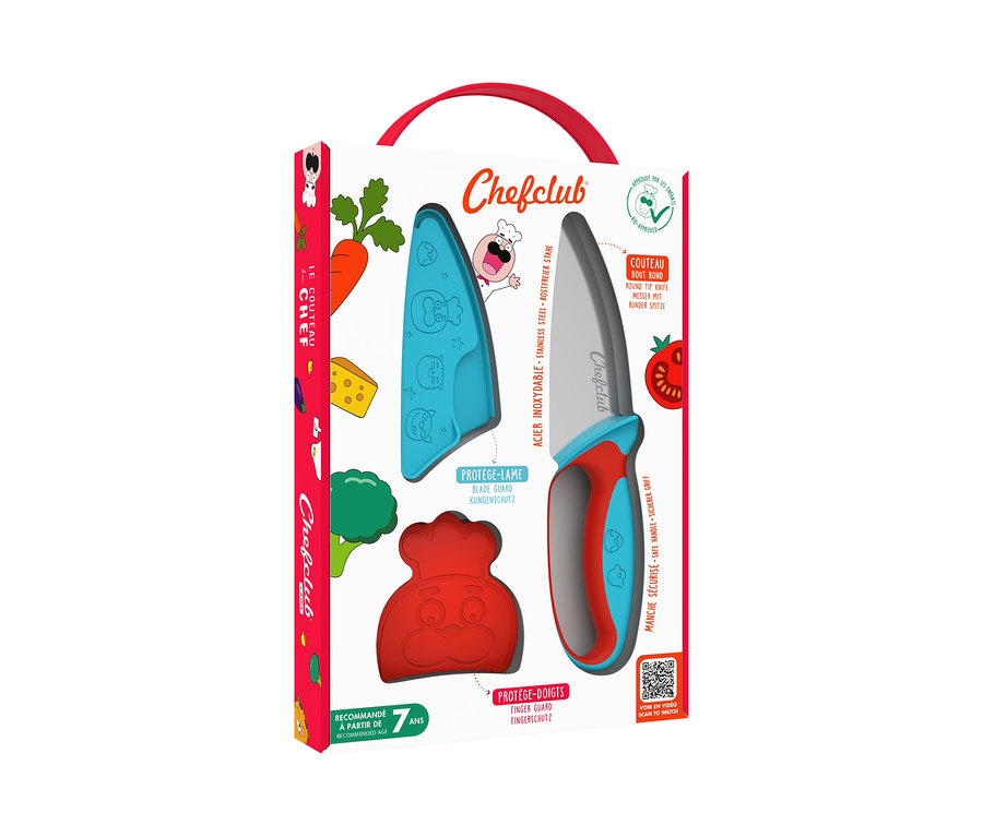 Eine Packung des Chefclub Koch-Sets mit Messer, Fingerschutz und Klingenschutz.