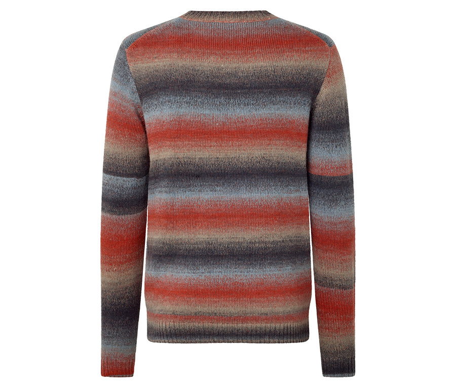 Ein gestreifter Pullover mit RWS-zertifizierter Wolle wird von hinten gezeigt.