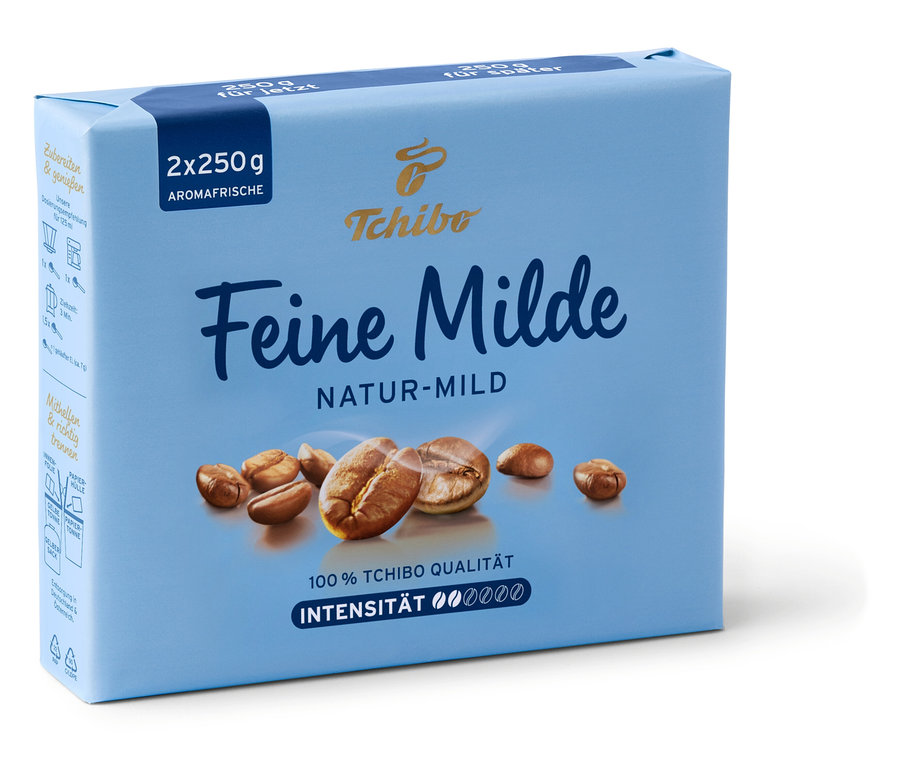 Eine Packung Tchibo Feine Milde gemahlener Kaffee, 2x250 g. Auf der Packung sind das Tchibo Logo und Kaffeebohnen abgebildet.