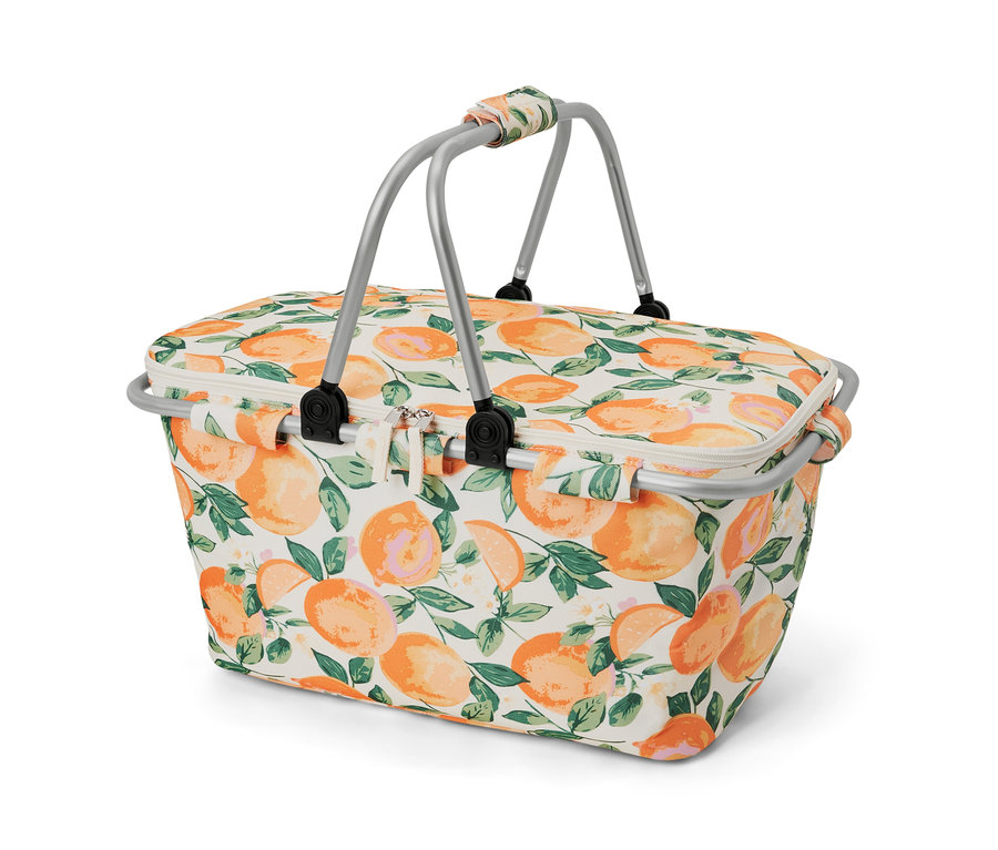 Kühlkorb mit Orangenmuster und silbernem Griff.