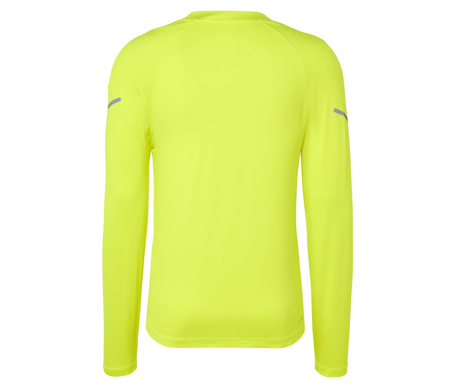 Detailaufnahme der Rückseite eines gelben Sport-Langarmshirts.
