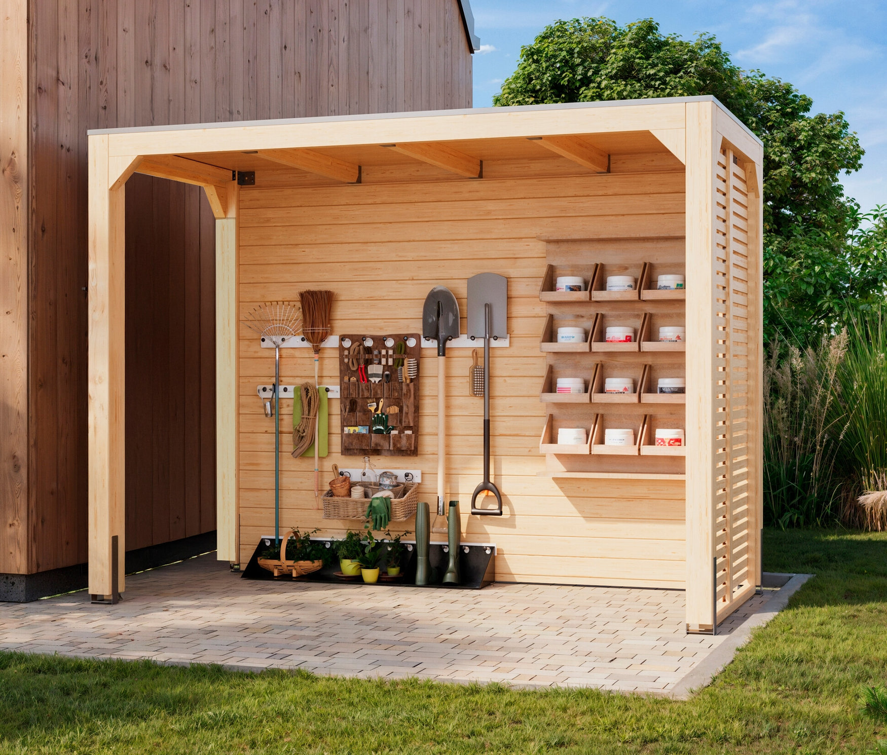 Karibu Pavillon »Markaska«, ca. 320 x 160 cm, 28 mm mit Gartengeräten und Pflanzen.