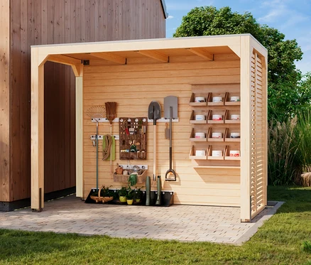 Karibu Pavillon »Markaska«, ca. 320 x 160 cm, 28 mm mit Gartengeräten und Pflanzen.