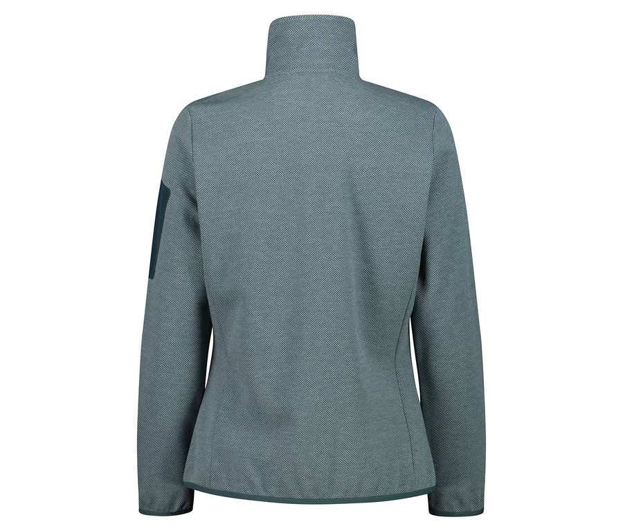 Detailansicht der Rückseite einer blaugrünen Fleecejacke mit Stehkragen und langen Ärmeln.