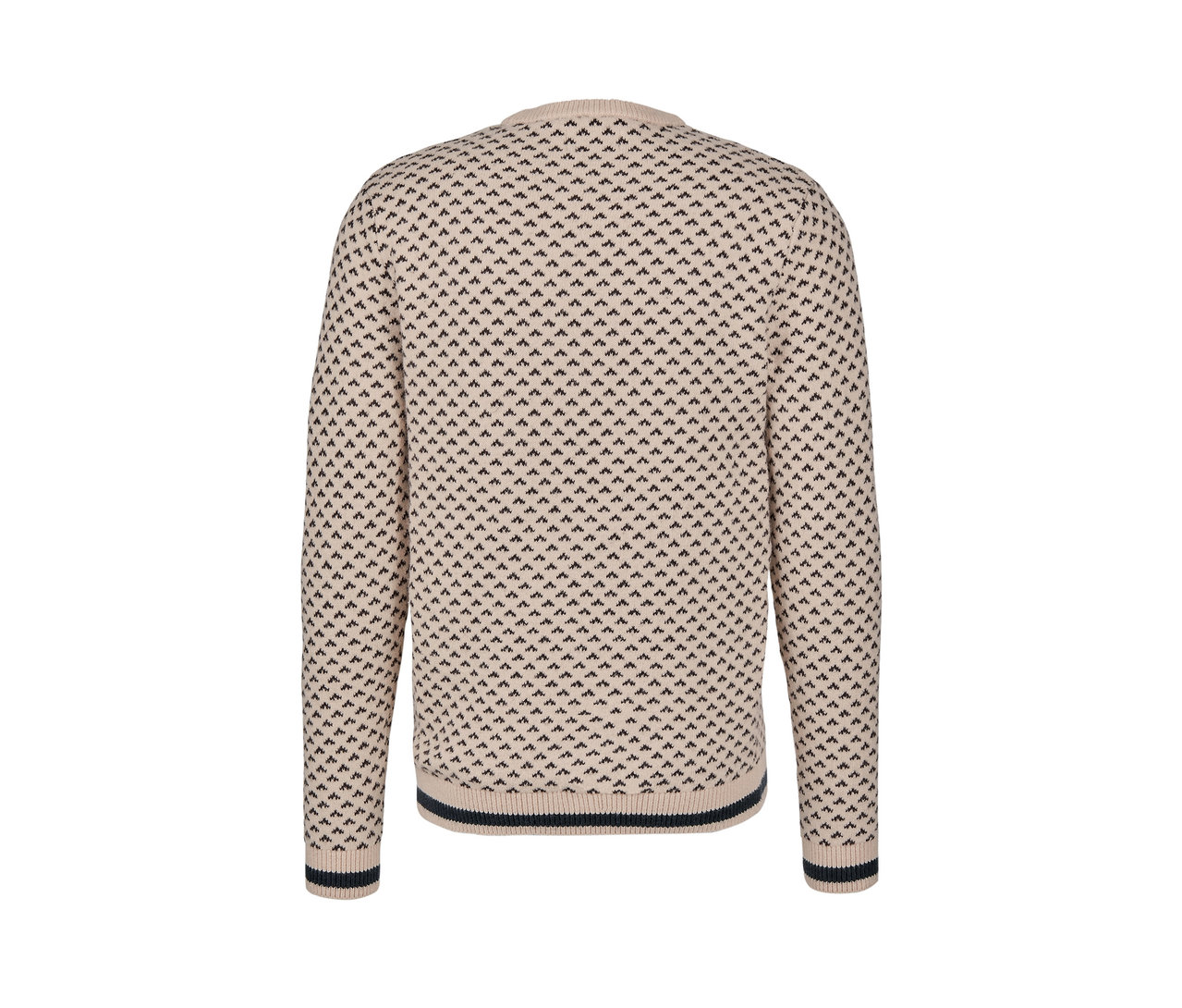 Detailansicht der Rückseite eines Strickpullovers mit geometrischem Muster.