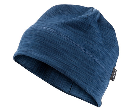 Eine blau melierte Thermomütze.