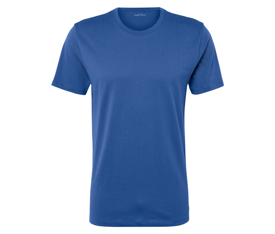 Blaues Kurzarm-T-Shirt auf weißem Hintergrund.