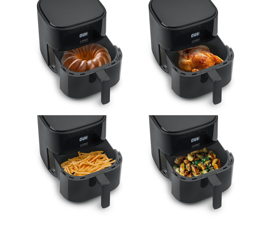 Vier schwarze Heißluftfritteusen mit verschiedenen Lebensmitteln: Gugelhupf, Hähnchen, Pommes und Bratkartoffeln.