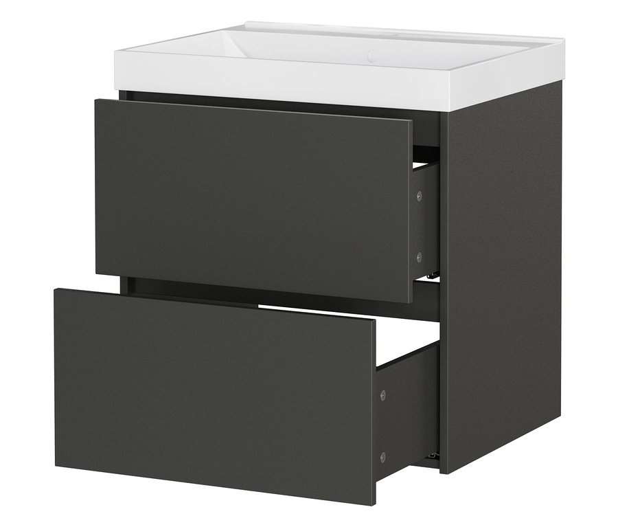 Ein Badezimmerschrank mit zwei offenen Schubladen und einem weißen Waschbecken oben drauf.