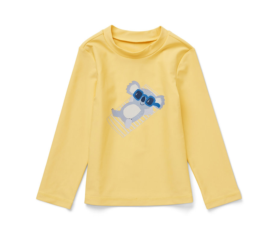 Gelbes Kinder-Shirt mit UV-Schutzfaktor 80 und Koala-Motiv.