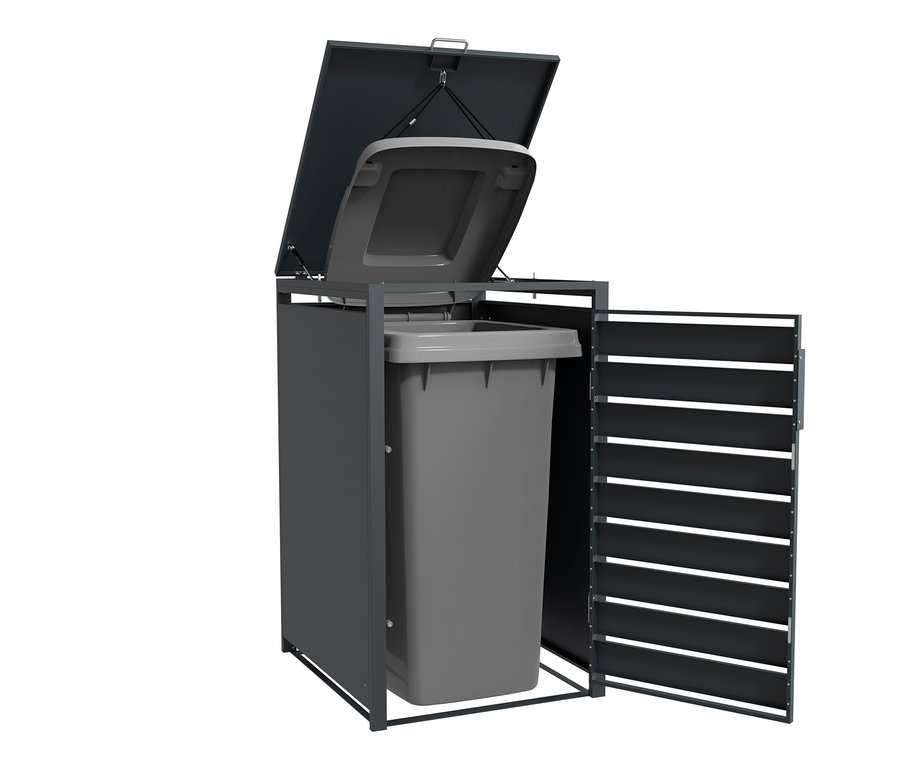 Geöffnete graue Mülltonnenbox mit Mülltonne darin.