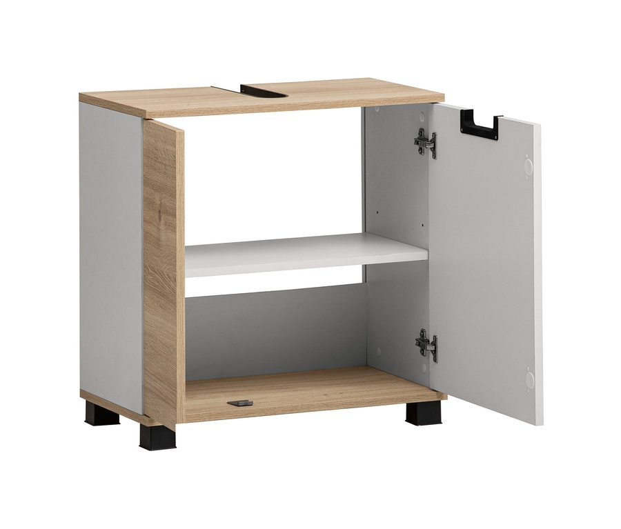 Geöffneter Waschbeckenunterschrank »Emmik«, weiß/weißeiche mit Regal.