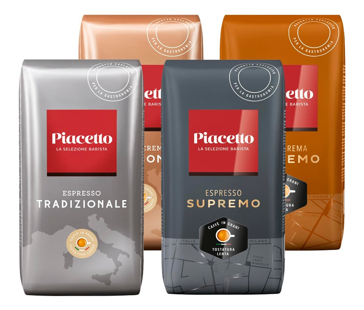 Vier Packungen Piacetto Kaffee, verschiedene Sorten ganze Bohne.