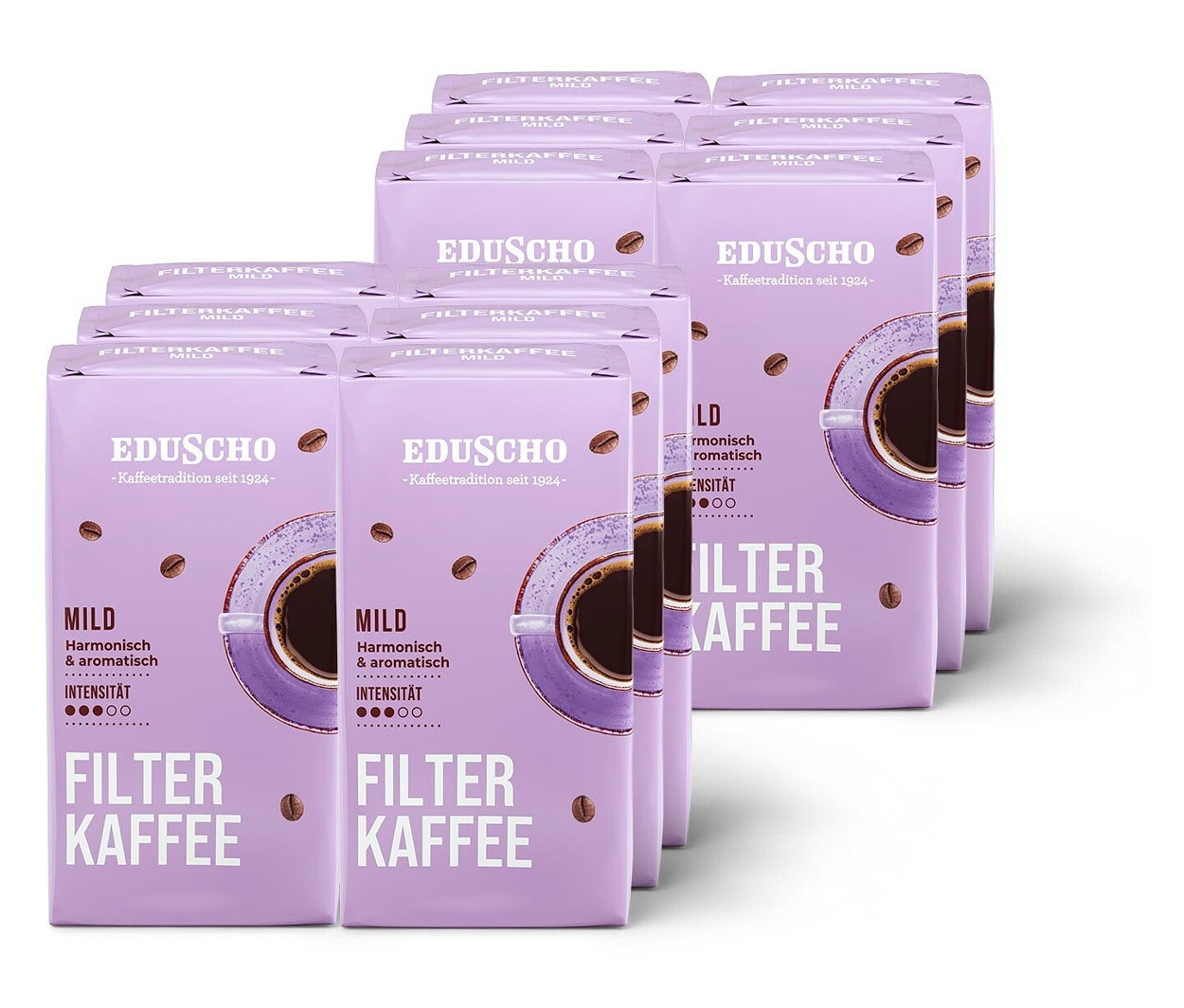 Packung Eduscho Filterkaffee Mild, 12 Stück gemahlen.