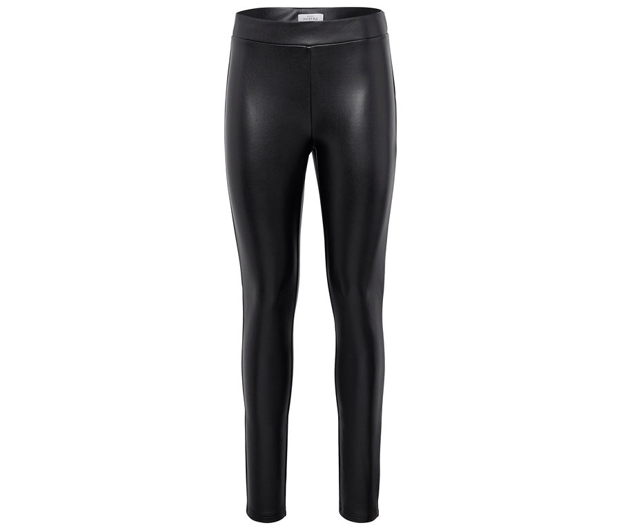 Schwarze Lederleggings auf weißem Hintergrund.
