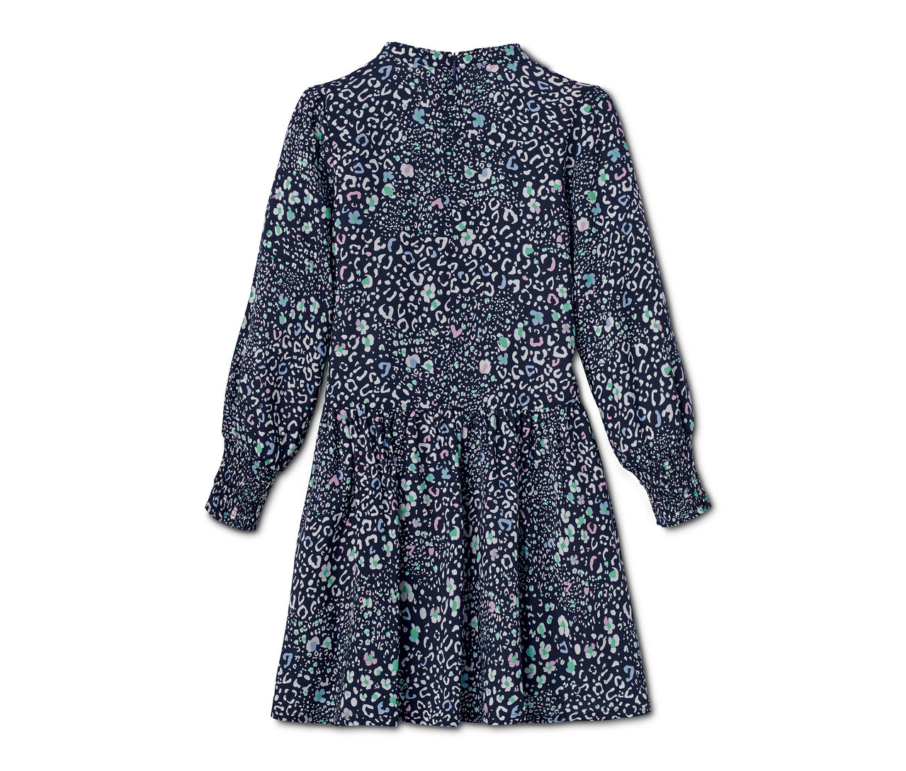 Dunkelblaues Webkleid mit langen Ärmeln und Allover-Muster.