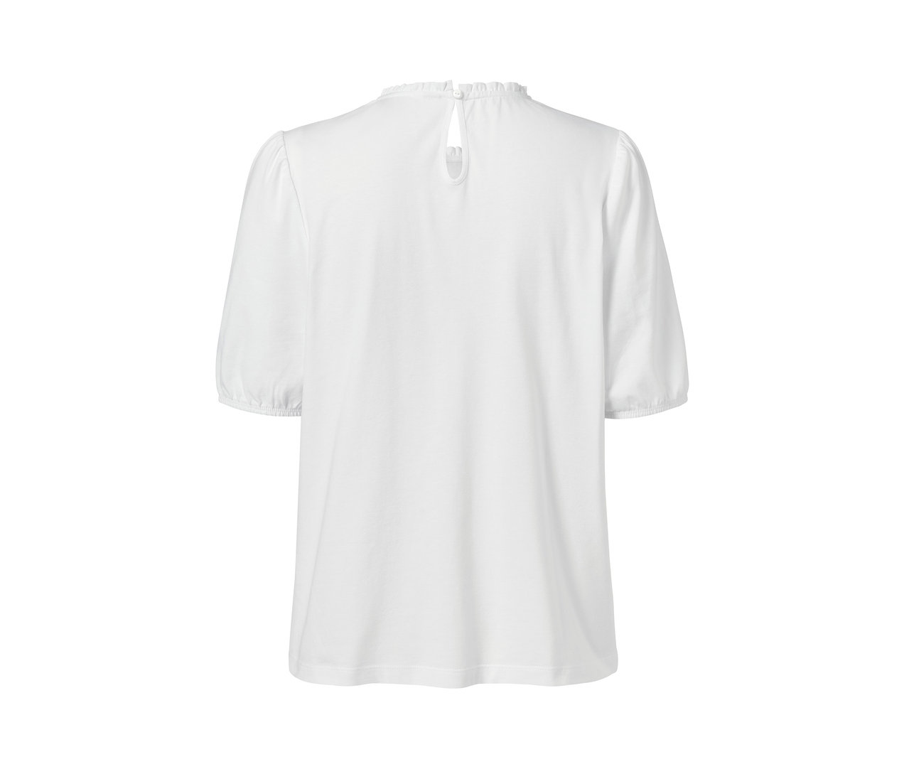 Rückansicht eines weißen Shirts mit gesmoktem Einsatz.