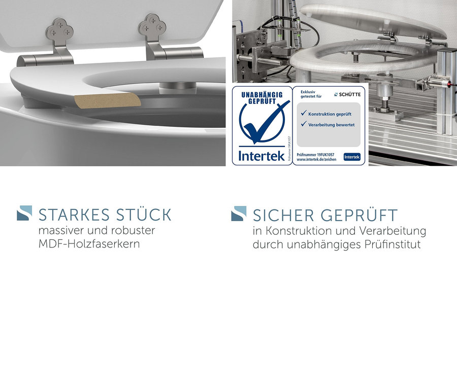Detail eines weißen WC-Sitzes mit MDF-Holzfaser-Kern und Metallscharnieren.