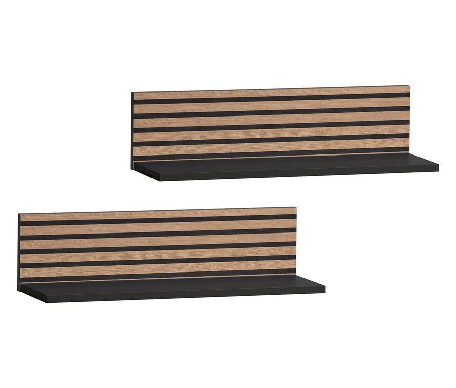 Zwei schwarze Regale mit hölzerner Rückwand mit horizontalen schwarzen Streifen.