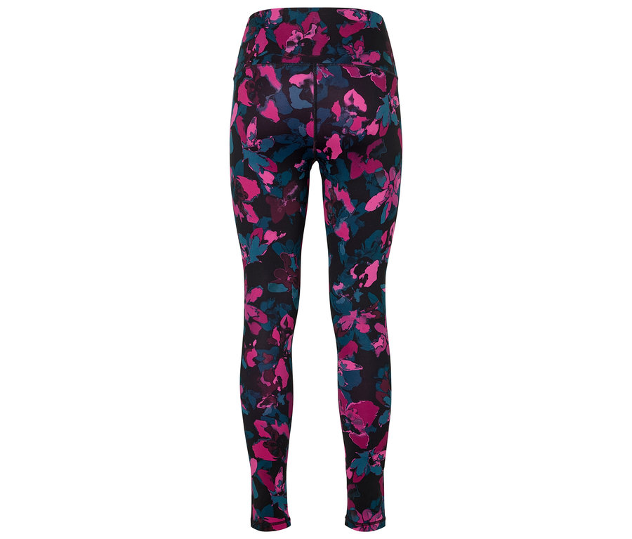 Schwarze Leggings mit rosa und blauem Blumenmuster.