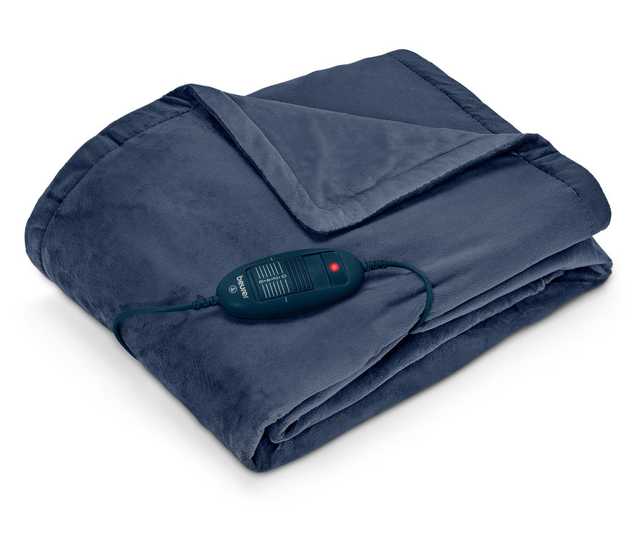 Zusammengelegte dunkelblaue Heizdecke mit Beurer-Controller und roter Kontrollleuchte.