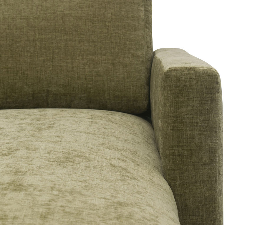 Detailansicht eines olivfarbenen DOMO Longchair, rechtsbündig.