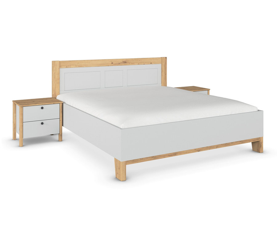 Ein graues »Credo« Bett mit zwei Nachtischen, 180 cm breit.