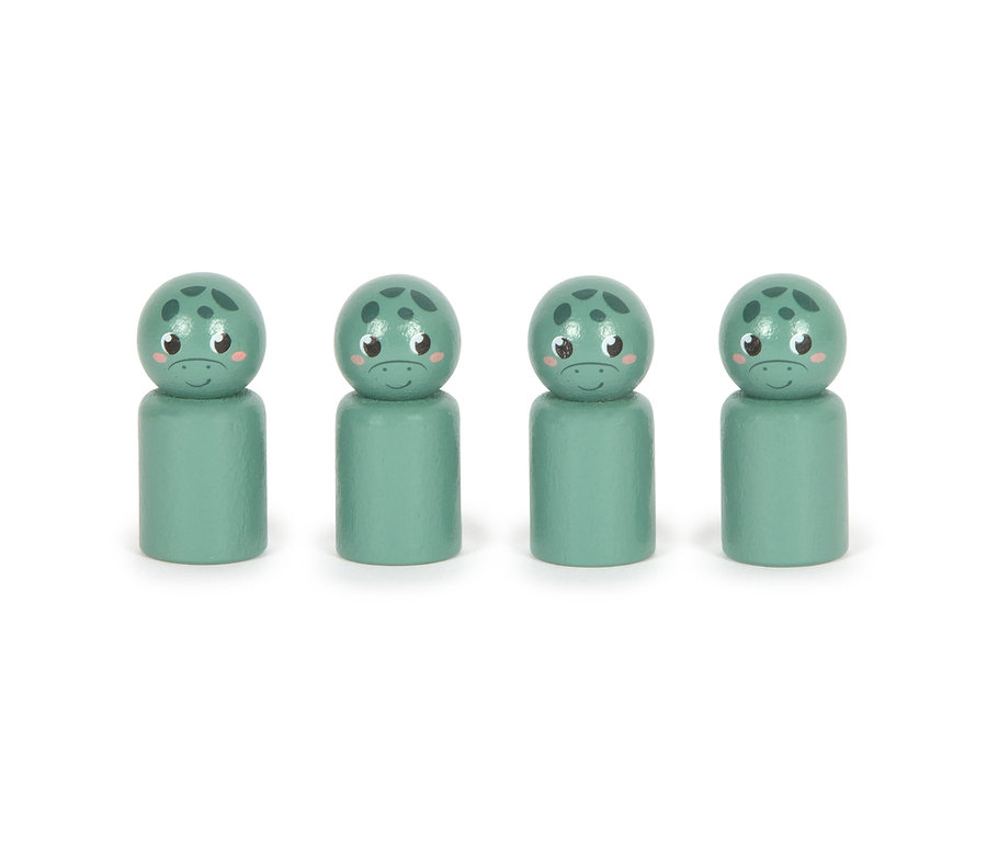 Vier grüne Holzfiguren aus dem small foot Spiele-Set »Dino«.