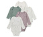 Fünf langärmelige Babybodys in Grün, Lila, Weiß mit Blumenmuster.