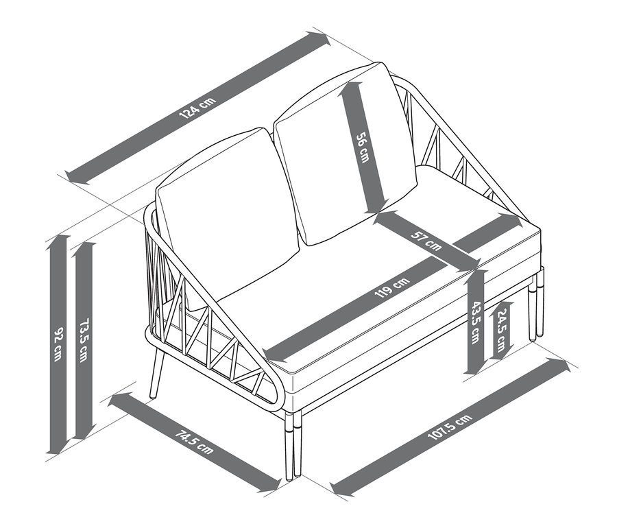 Abmessungen des ausziehbaren Lounge-Sofas.