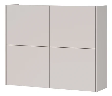 Ein grauer Wandschrank mit vier Türen ist vor einem weißen Hintergrund zu sehen.